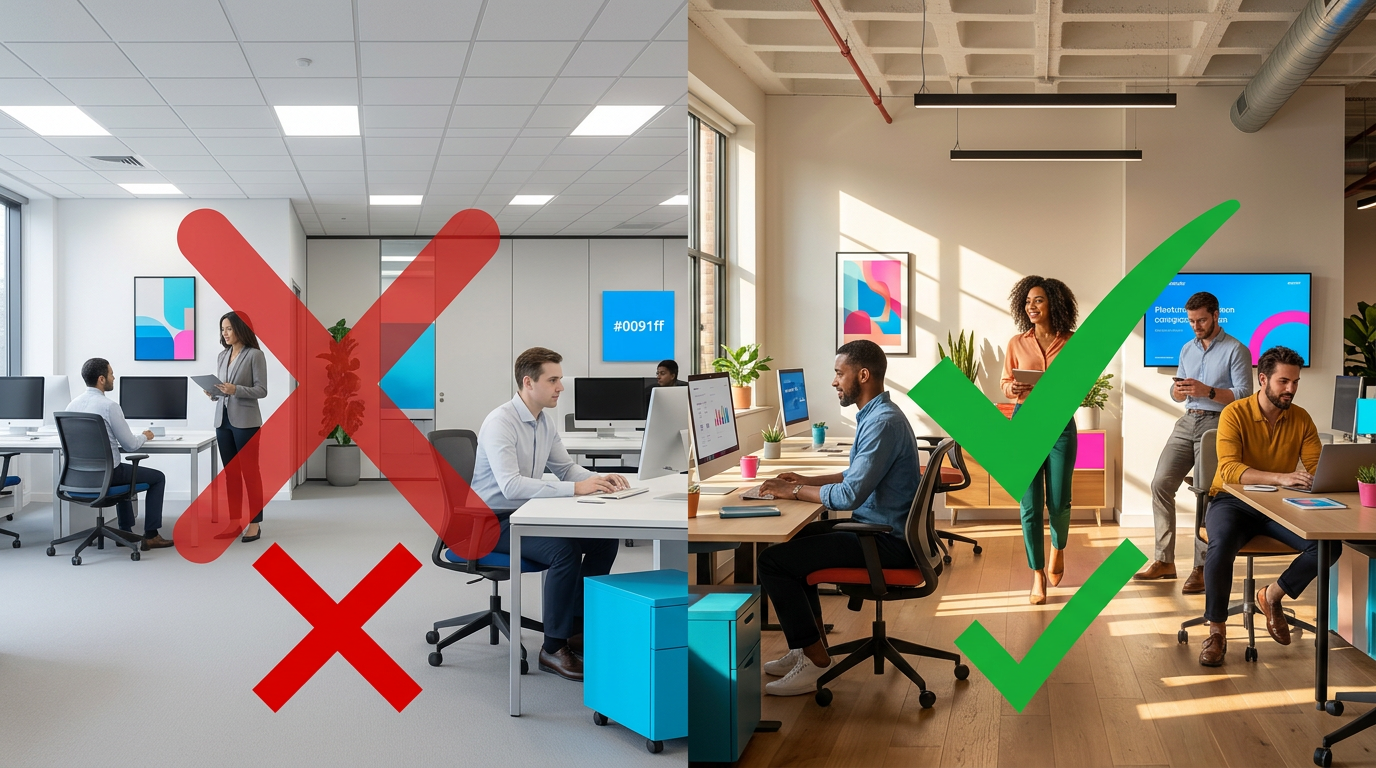 A split-screen comparison graphic. On the left side, a highly generic, plastic-looking office scene with a red cross over it. On the right side, a high-quality,